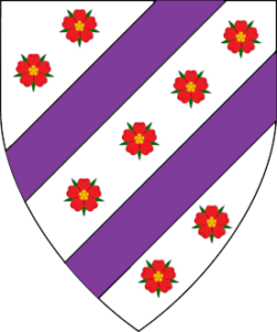 The Arms of Caitlin Christiana Wintour. Argent, semy of roses gules, barbed and seeded proper, two scarpes purpure.