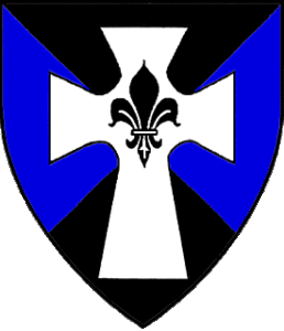 The arms of Jacques Luis de Normandie. Per saltire sable and azure, on a Latin cross formy argent, a fleur-de-lys sable.