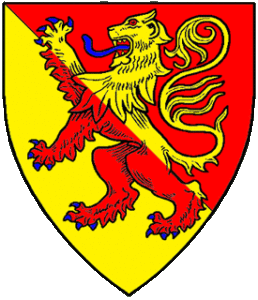 The Arms of  Leo le Firse.  Per bend gules and Or, a lion rampant counterchanged.