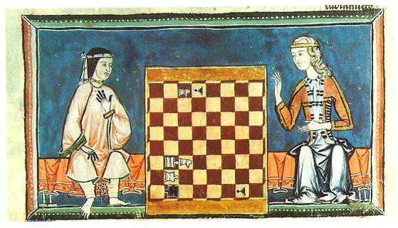 Medieval art showing 2 figures flanking a game board.