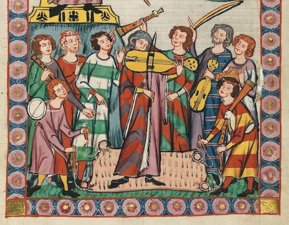 473753955_619106507295271_2420164622688937259_n Medieval artwork showing various people gathered around a musician playing a stringed instrument with a bow.